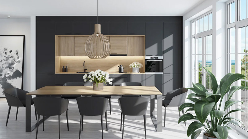 Desain Rumah Makan Scandinavian Lampu Kayu Gantung
