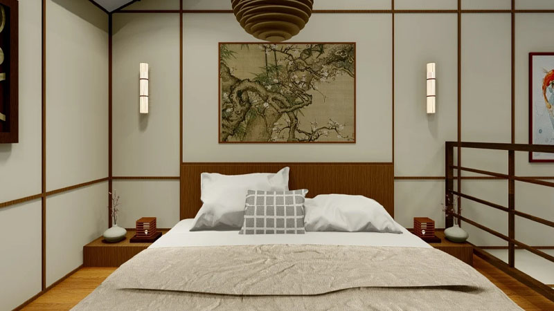 Desain Kamar Tidur Tema Japandi dengan Lukisan Jepang
