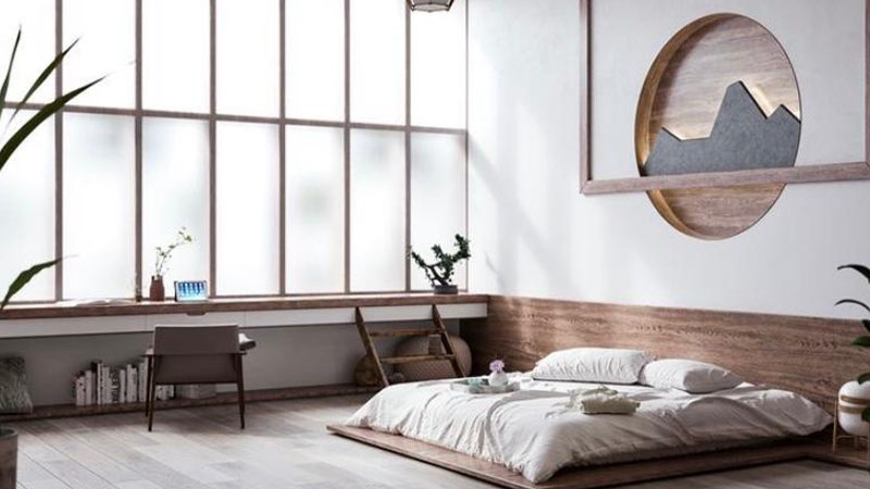 Desain Kamar Tidur Tema Japandi dengan Ukiran Dinding Estetik