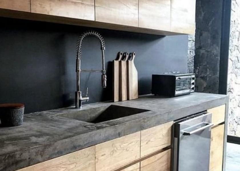 Meja Dapur Cor Bentuk L dengan Wastafel Farmhouse