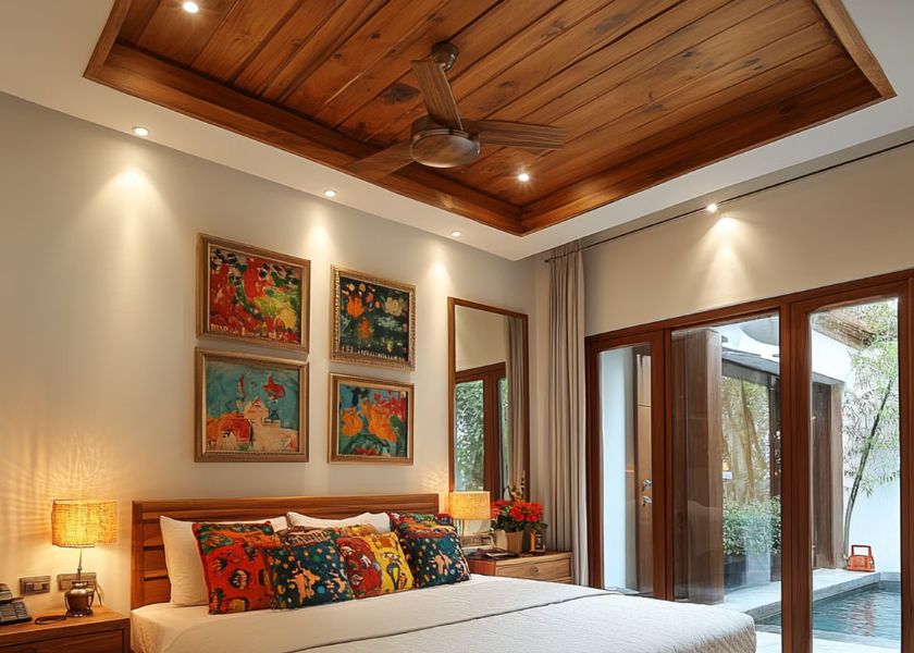 Plafon Tray dengan Panel Kayu