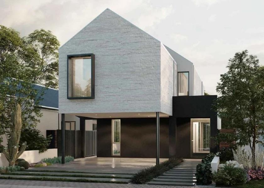 Desain Rumah 2 Lantai dengan Material dan Warna di Fasad