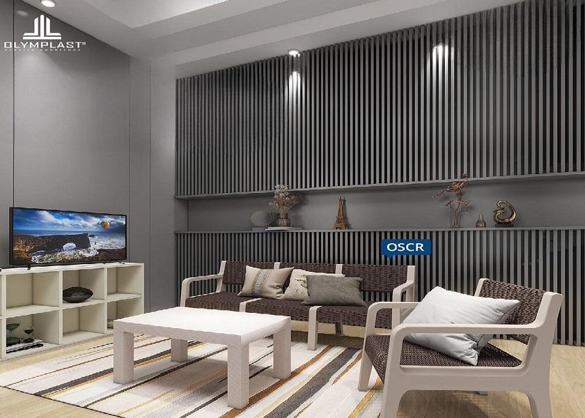 Plafon Elegan di Ruang Tamu dengan Olymplast Furniture
