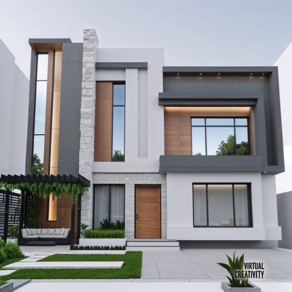 Desain Rumah 2 Lantai dengan Fasad Putih Aksen Kayu
