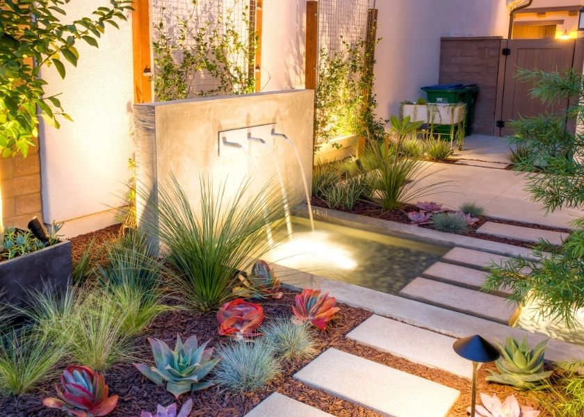 Desain Taman Depan Rumah dengan Air Mancur Mini