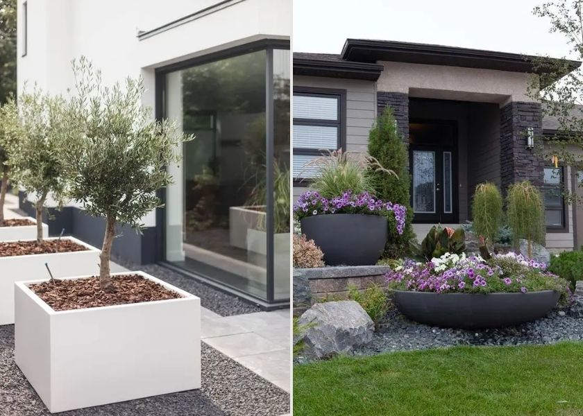 Desain Taman Depan Rumah dengan Pot Tanaman Besar