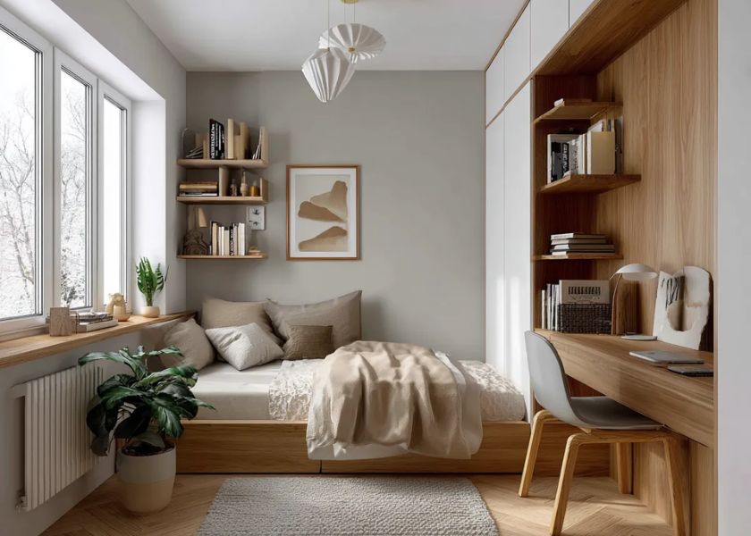 Kamar Tidur Minimalis 2x3 dengan Rak Dinding dan Penyimpanan Vertikal