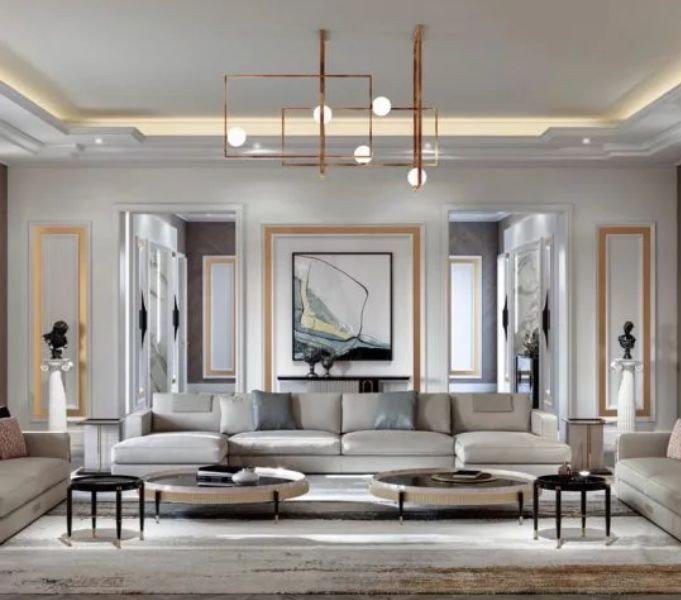 Ruang Tamu Mewah dengan Statement Chandelier di Tengah Ruang