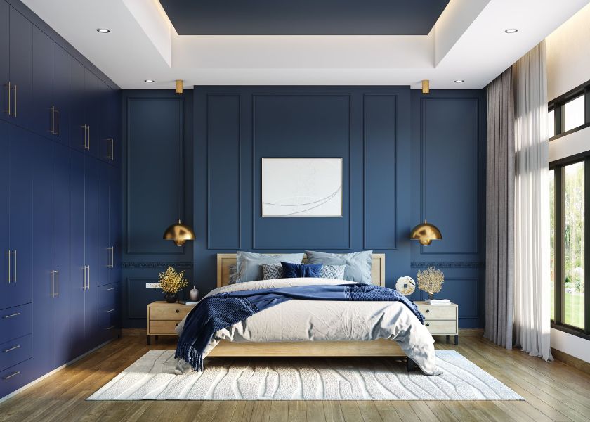 Warna Cat Biru Tua (Navy Blue) di Kamar Tidur Elegan